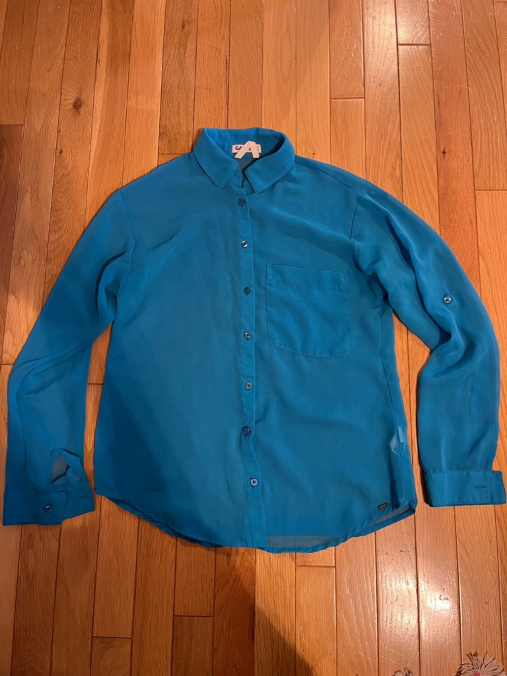 Vintage Garage sheer blue button up shirt
